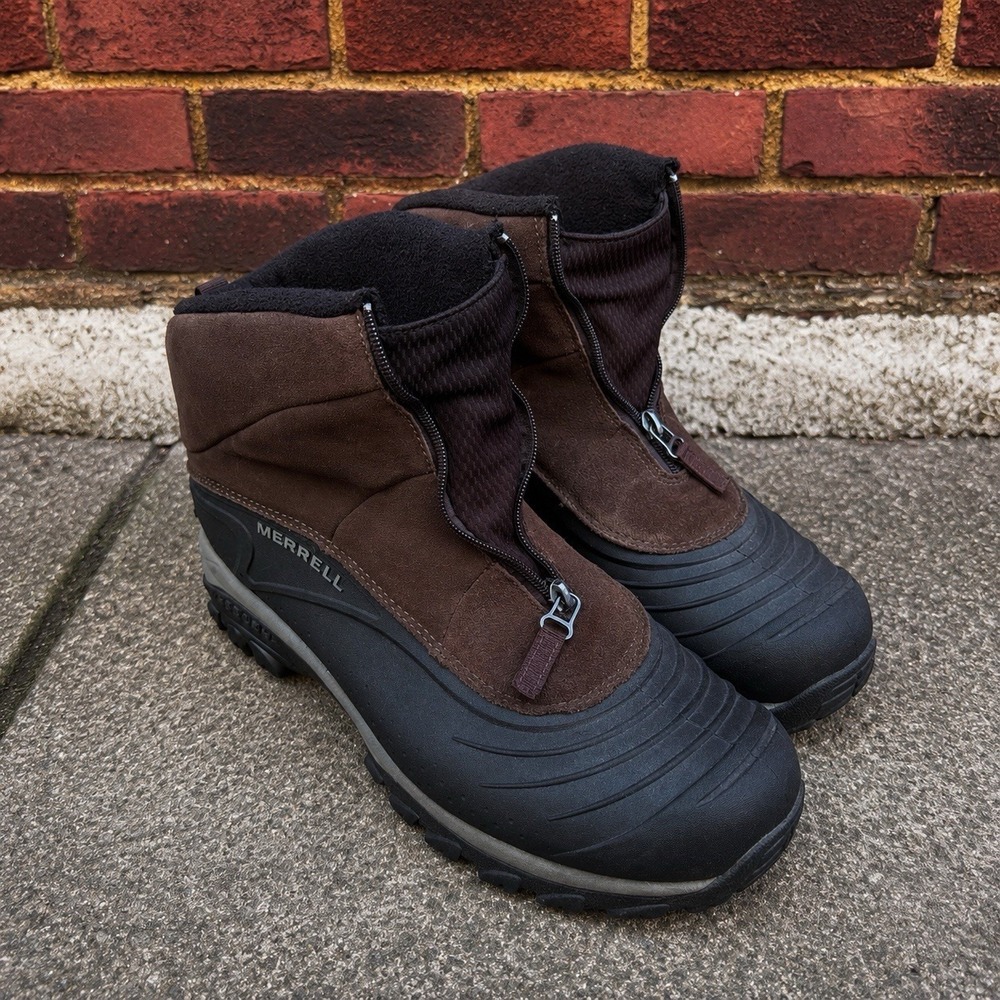 Merrell Mens 13 Front Zip Winter Snow Boots Brown Suede Fleece Lined Duck